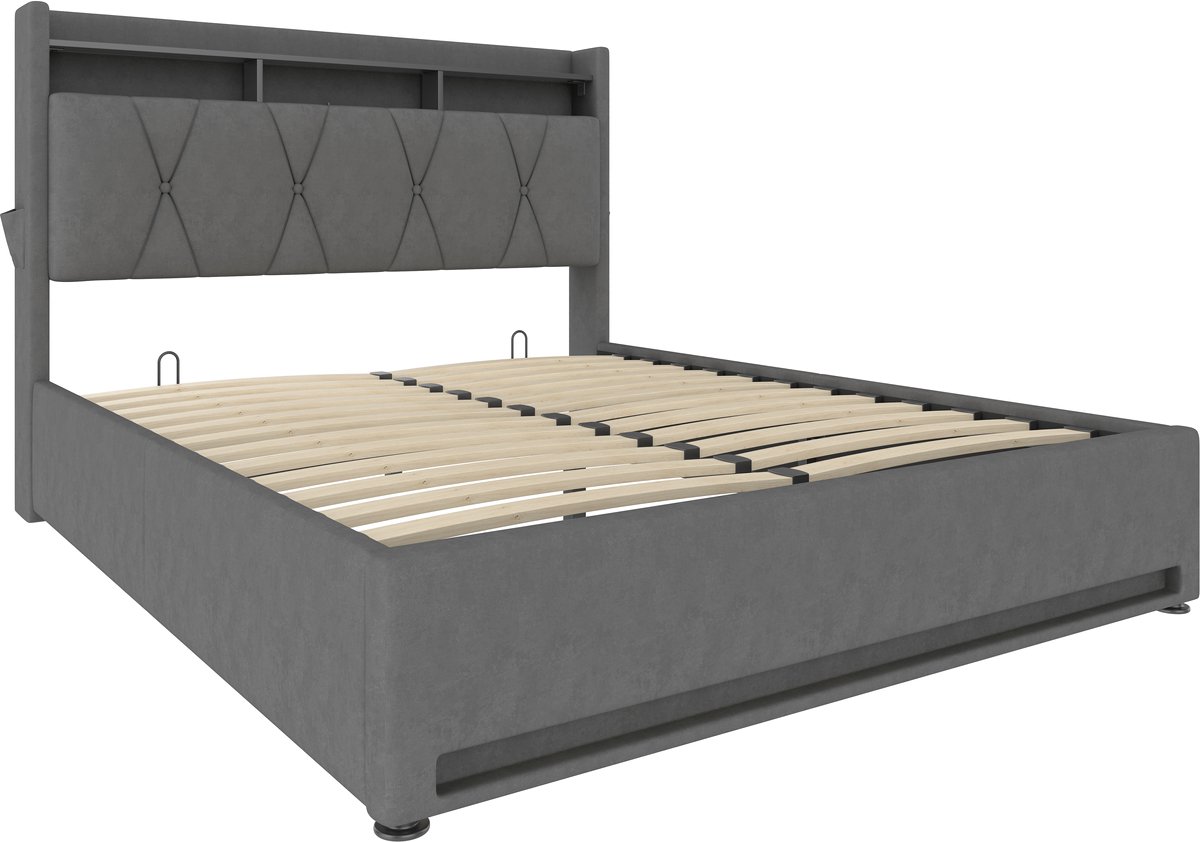 COVREO Bed met opklapbaar hoofdbord – 140x200 cm – Bedframe met LED en USB-C – Met opbergruimte – Donkergrijs - zonder matras