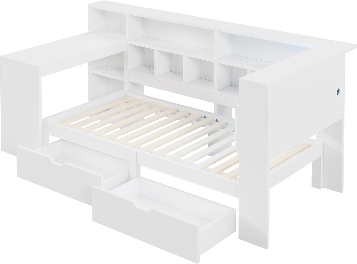 L-vormig houten platformbed van 90x200 cm met bureau en boekenplank, hoekbed in kapiteinsstijl, gestoffeerd hoofdbord, lades eronder, LED-verlichting - wit.