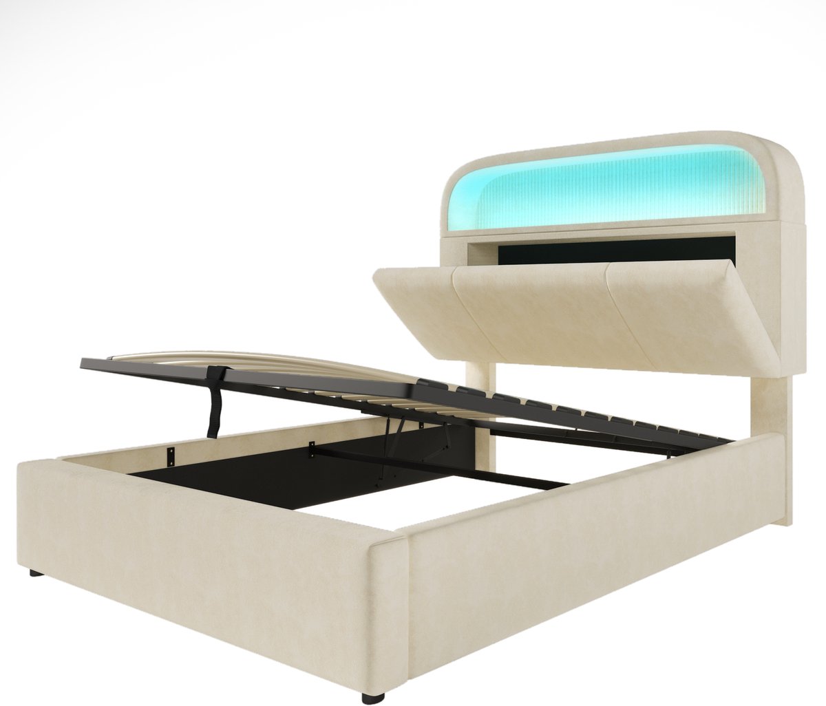 COVREO Bed met opbergruimte en LED-verlichting – Slaapbed met USB- en Type-C-lader – voor slaapkamer – 90x200 cm – Beige - met matras