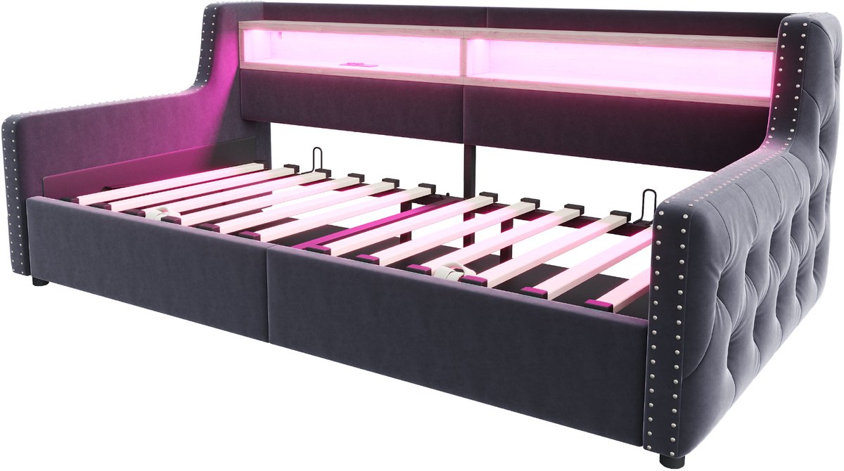 COVREO Slaapbank 90 x 200 cm donkergrijs, met opbergruimte, zonder matras