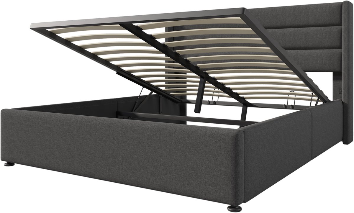 Opbergbed, gestoffeerd bed, hydraulisch tweepersoonsbed (140x200 cm), inclusief matras, lattenbodem van hout, lattenbodem van metaal, linnen, grijs
