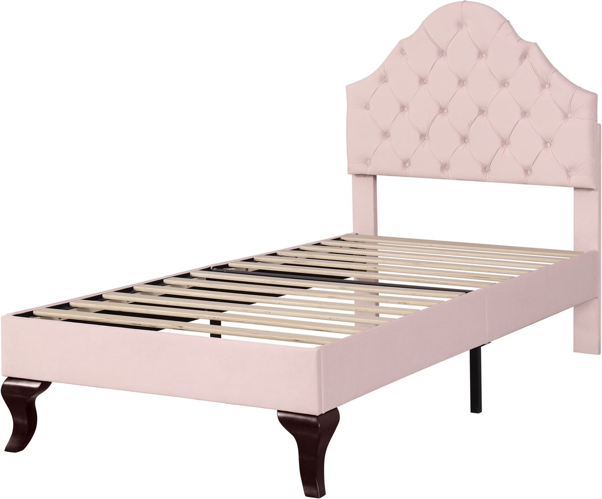 COVREO Bed 90x200 cm - roze velvet, verstelbaar hoofdeinde, zonder matras