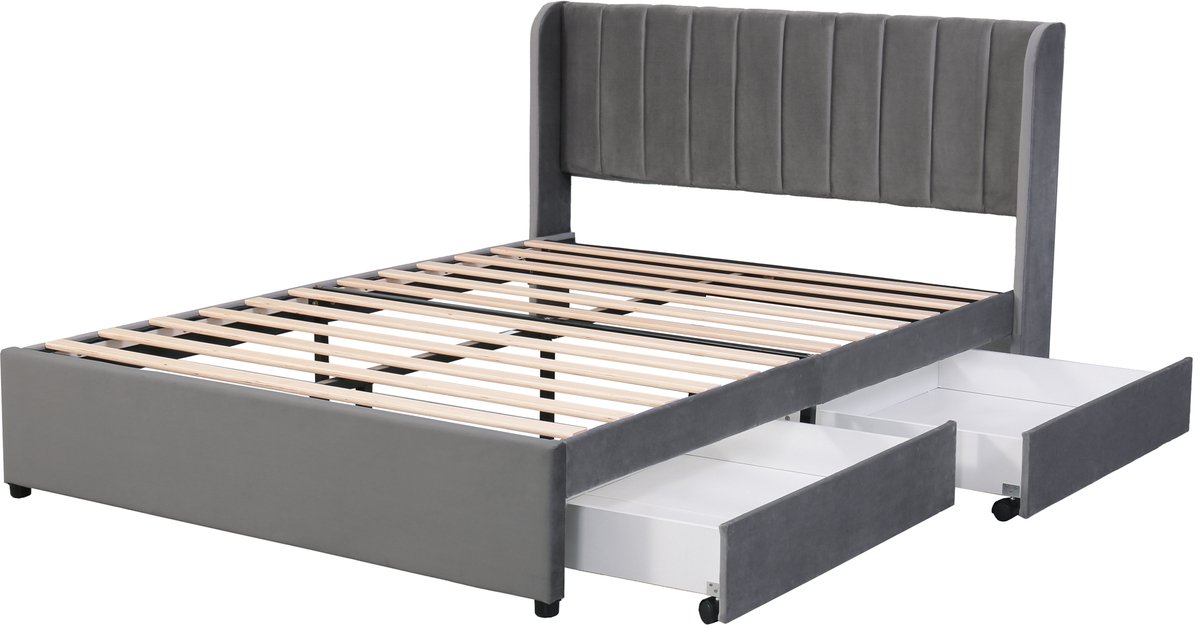 COVREO Bedframe 140x200 cm - grijs fluweel, 2 lades, zonder matras