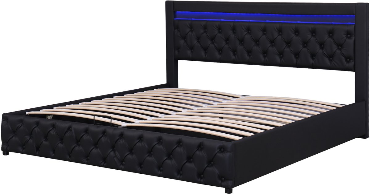 COVREO Bed 140x200 cm zwart PU, LED en opbergruimte, zonder matras