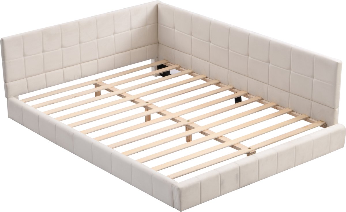 Gestoffeerd bed/slaapbank 140*200 Multifunctioneel bed met lattenbodem, gemaakt van huidvriendelijke fluwelen stof, beige.