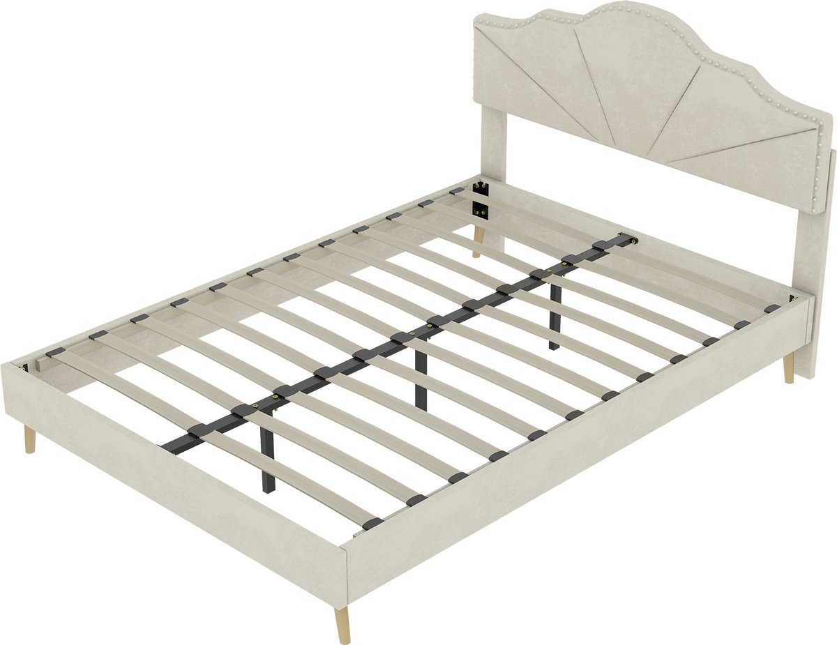 COVREO Gestoffeerd bed met hoofdbord – 160x200 cm – Bedframe van stof en metaal – voor slaapkamer – Beige - zonder matras