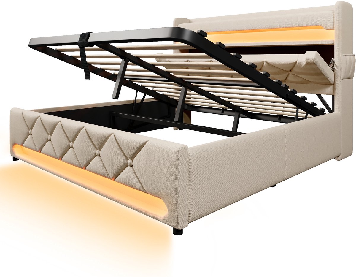 COVREO Bed 140x200 cm beige stof met opbergruimte zonder matras