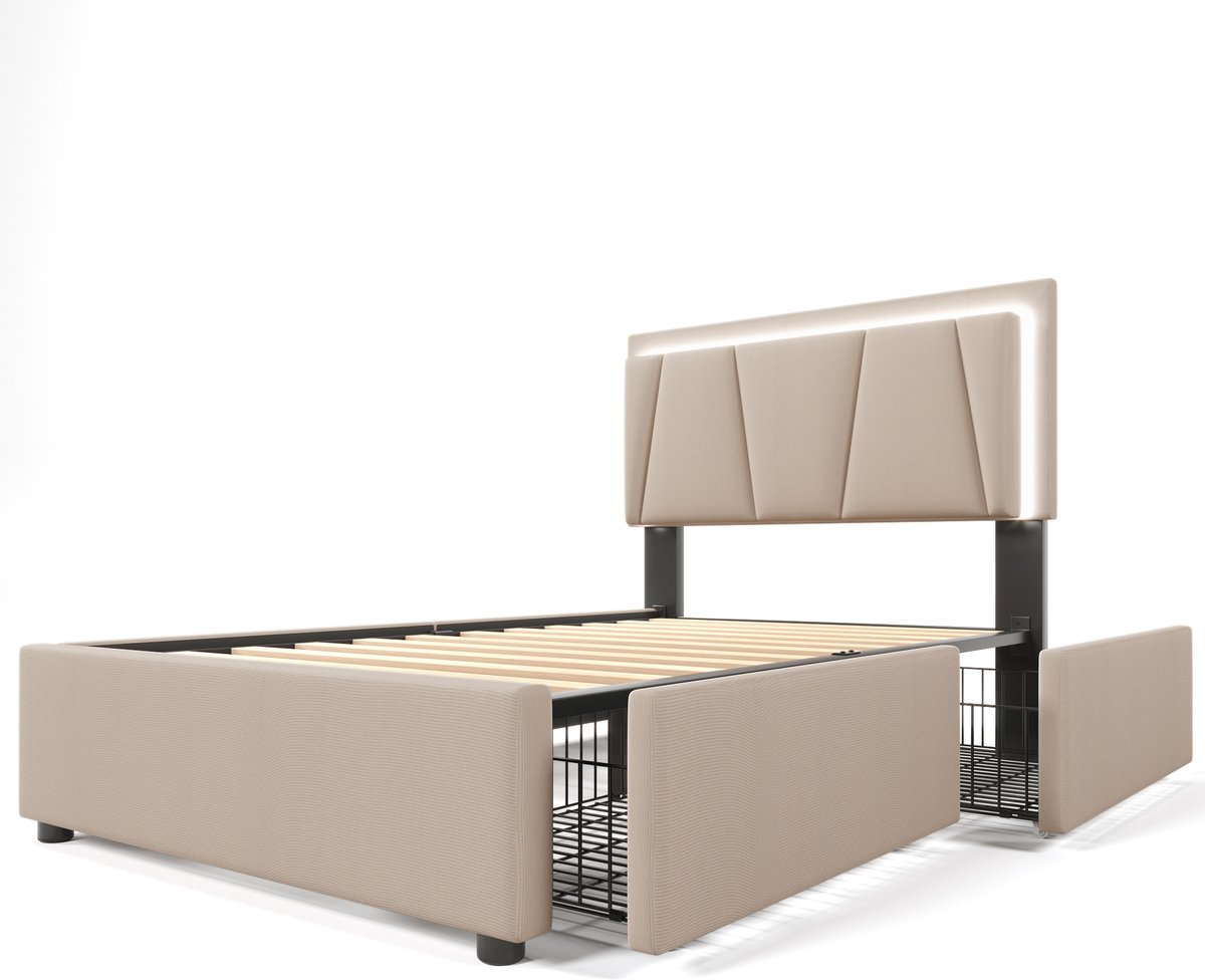 COVREO Bed 90x200 cm beige, LED, 2 lades, verstelbaar hoofdeinde