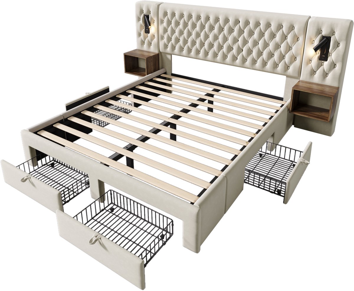 COVREO Bedframe 160x200 cm 246,5 x 209 x 105 cm beige velvet, opbergruimte, zonder matras