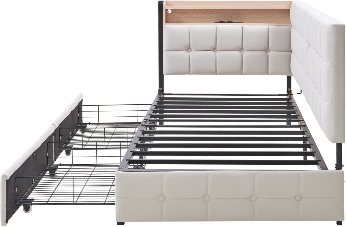 COVREO Slaapbank met 2 lades – 90x200 cm – Gestoffeerd ledikant met LED en USB – voor logeerkamer en studio – Beige - zonder matras