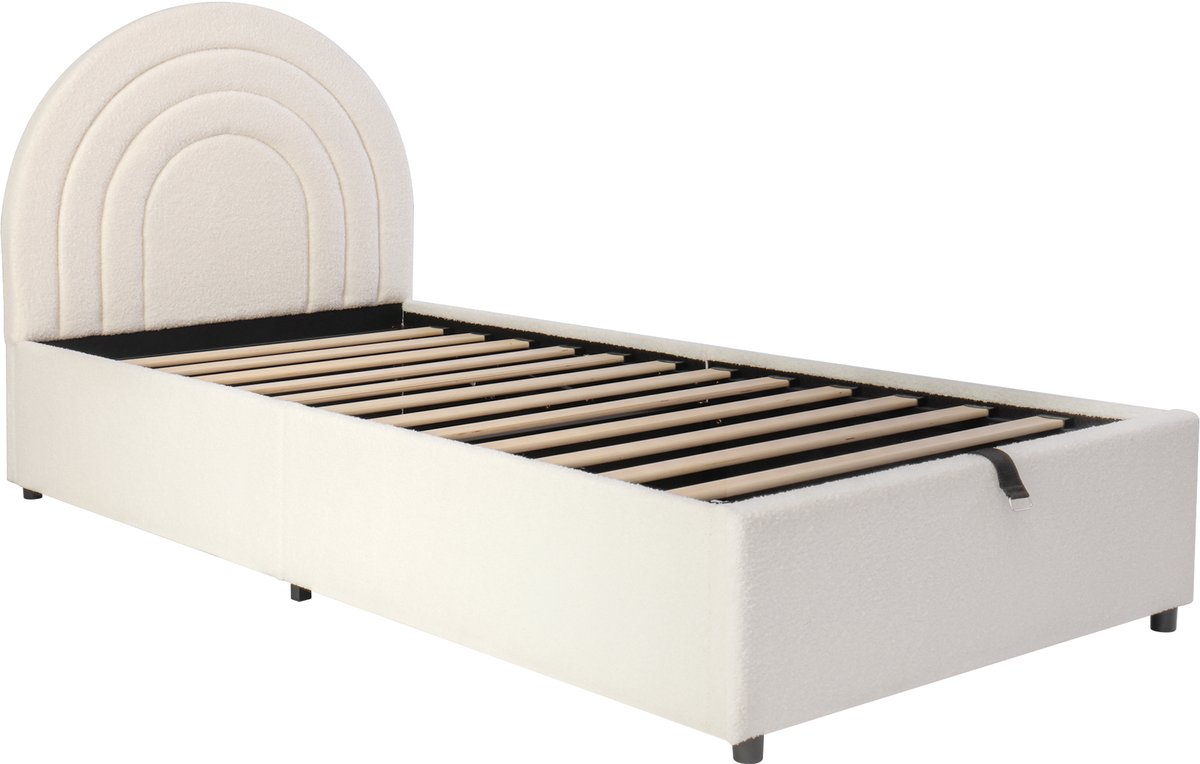 COVREO Gestoffeerd bed van 90*200 cm, kinderbed, eenpersoonsbed, met lattenbodem en hoofdbord, tienerbed, geschikt voor volwassenen en tieners, houten bedbodem, eenvoudig te monteren, lussenpoolstof, beige Blanc
