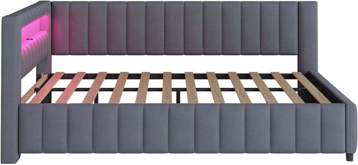 COVREO Polsterbett Schlafsofa 140x200cm Grijs - Samt Sofa Bed met LED-Licht en USB, Rugleuning & Hoofdbord, L-Vormig, Lattenbodem