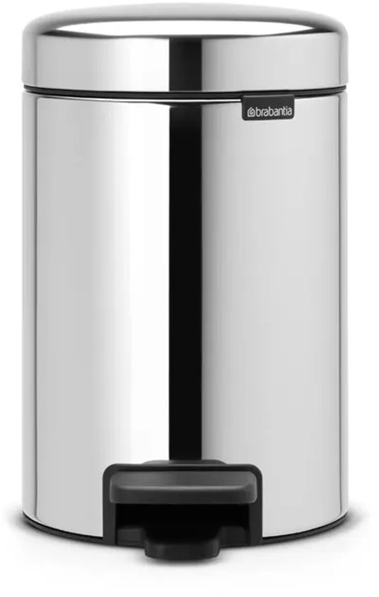 Brabantia NewIcon prullenbak, 3L, briljant staal, met zwart voetpedaal.