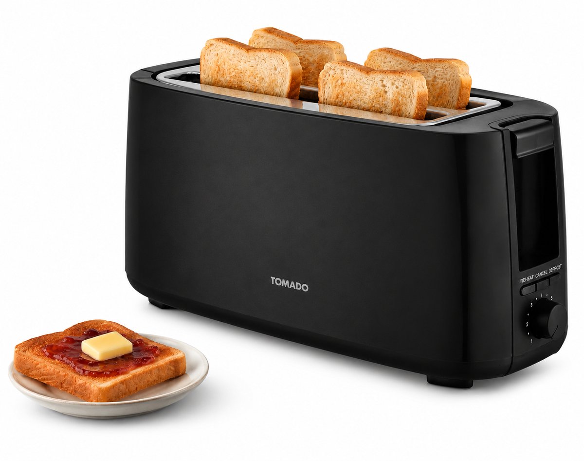 Tomado TBT4000B - Broodrooster - Voor 4 sneetjes - Toaster - Grote broodrooster - 7 standen - 1400W - Kruimellade - Zwart