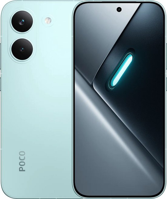 Arrière de smartphone vert menthe avec double appareil photo à côté de l'écran avec une bande lumineuse, vu de trois quarts avant.