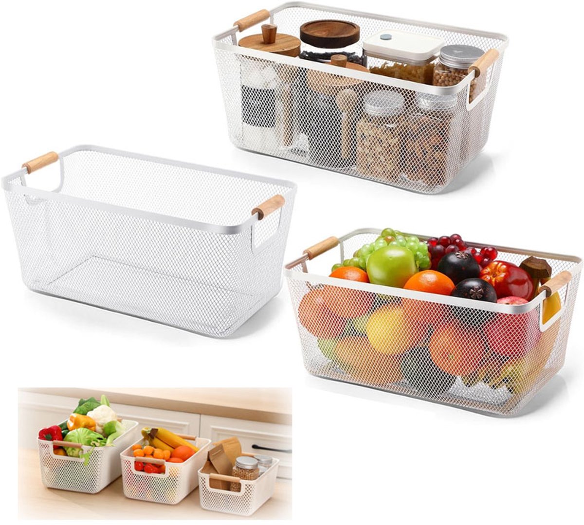 VHV - Opbergmand - Keuken organizer - Badkamer organizer - Set van 3 - Met houten handvaten - Voorraadkast organizer - Voor de koelkast en fruit - Metaal- 3 Maten - Wit
