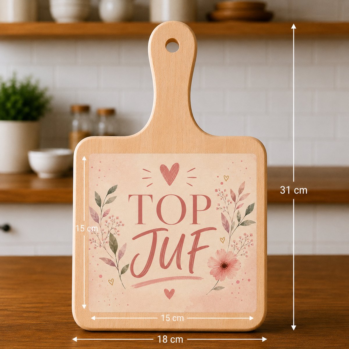 Kaasplank met Tegel Top Juf – Bedankcadeau voor Juf – Houten Serveerplank 18x31 cm met Tegel 15x15 cm – Cadeau Einde Schooljaar