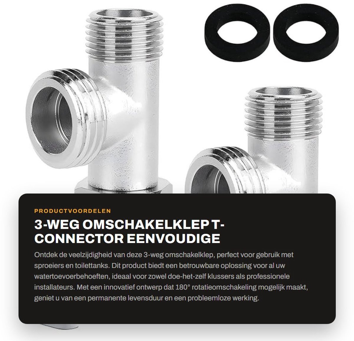 Dailygoods- Omschakelklep 3-weg - Adapter T-connector - RVS T-fitting - Corrosiebestendig - 180° Rotatie - 2 Stuks