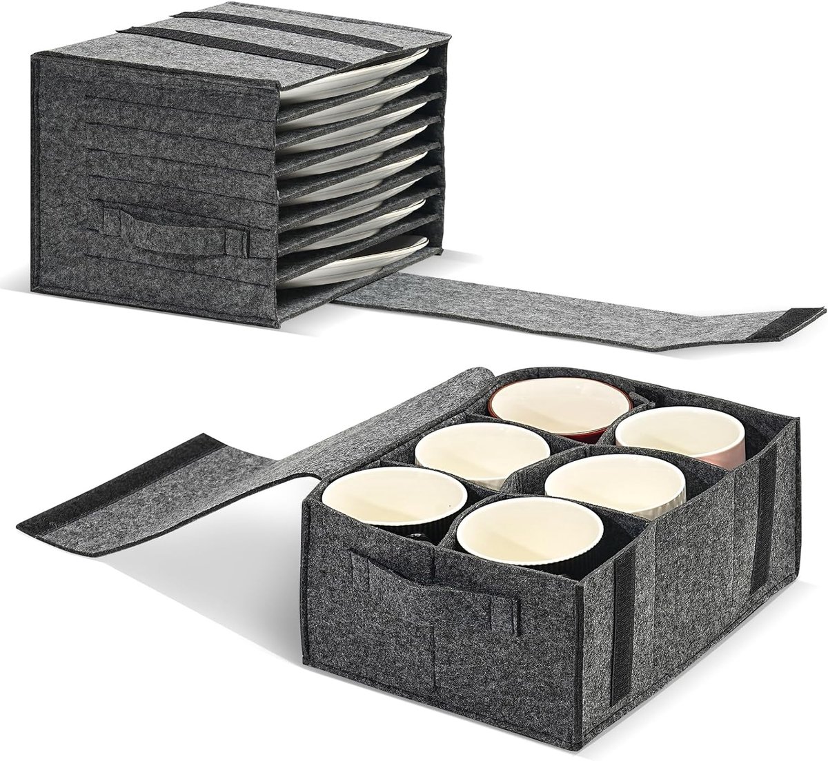 Opbergbox Set 2-delig - Stapelbare Opbergbakken met Deksel - Organizer voor Servies en Keukenkasten - Opbergdoos voor Borden en Keukenaccessoires - Donkergrijs