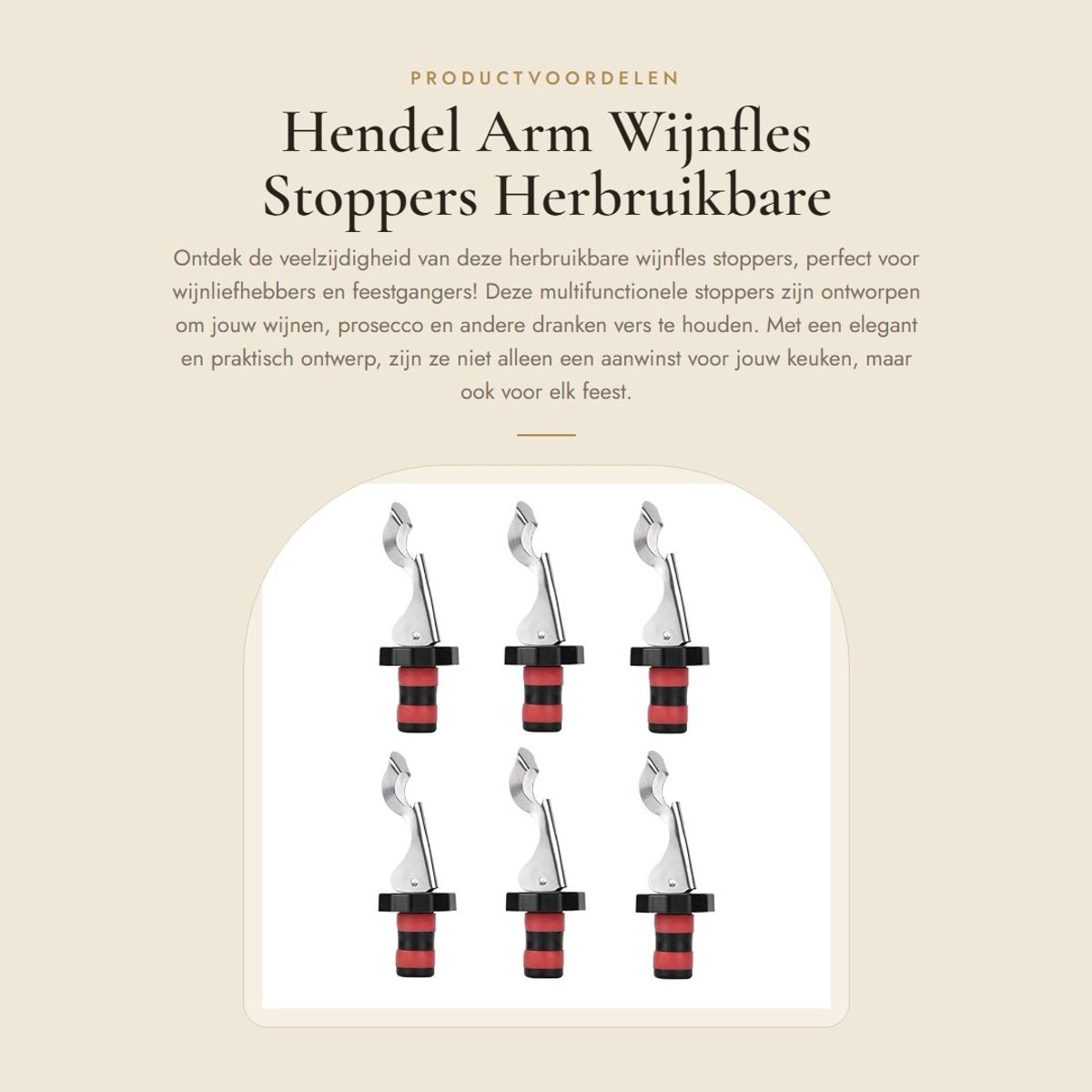Dailygoods- Wijnflesstopper Herbruikbaar - 6 x Roestvrij Staal - Bierflesopener - Siliconen Afdichtingen - Antislip Handgreep - Voor Wijn/Prosecco - Flesstopper