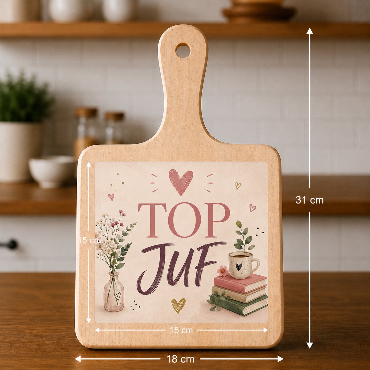 Kaasplank met Tegel Top Juf – Bedankcadeau voor Juf – Houten Serveerplank 18x31 cm met Tegel 15x15 cm – Cadeau Einde Schooljaar