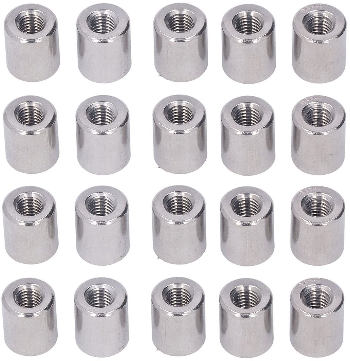 Dailygoods- Koppelmoer Ronde 304 Roestvrij Staal - M6 x 1.0 - 14mm Lengte - Volledig Schroefdraad - 20 Stuks - Duurzaam en Chemisch Bestendig - Moer