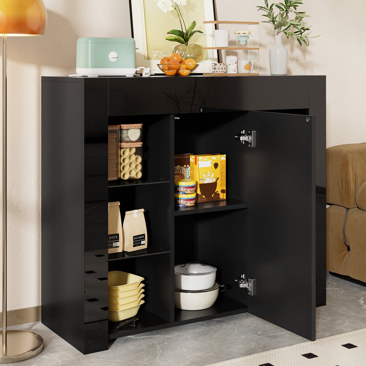 DESMIU Dressoir - Hoogglans Opbergkast Met Glazen Planken En Deur - Voor Woonkamer Eetkamer Of Keuken - Spaanplaat - 95x35x83 Cm - Zwart