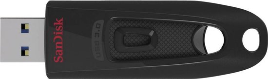 Zwarte SanDisk Cruzer Ultra USB 3.0 stick van 32GB met een gestructureerd grip-gedeelte en een sleutelhangergat.