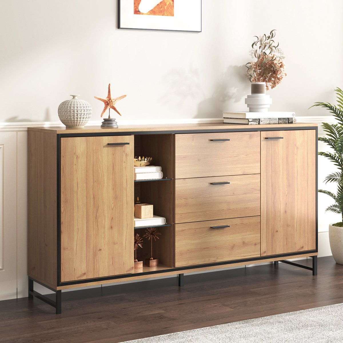 DESMIU Dressoir - Met Drie Lades En Ledverlichting - Met Open Vakken Voor Woonkamer En Eethoek - Spaanplaat En Glas - 160x40x85 Cm - Naturel