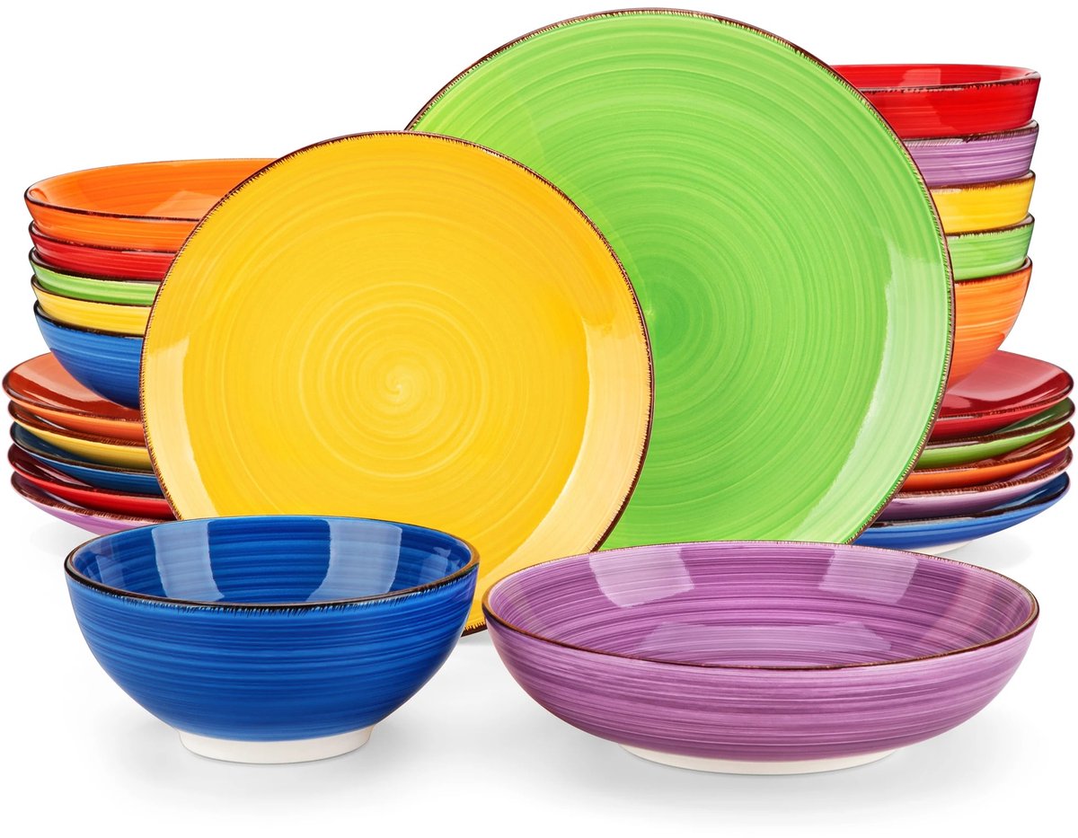 Home & Beyond® 24-delige Kleurrijke Serviesset – Stoneware Servies voor 6 Personen – Dinerborden, Dessertborden, Kommen & Pastaborden – Vaatwasser- en Magnetronbestendig