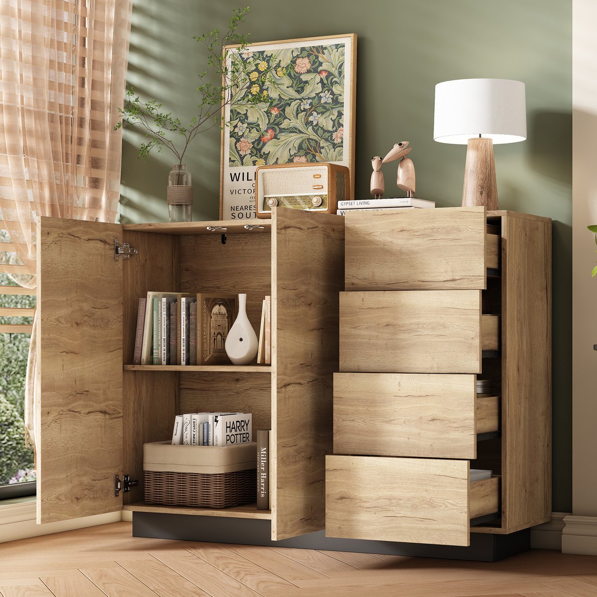 DESMIU Dressoir - Greeploos Ontwerp Met 4 Laden En 2 Deuren - Ruime Opbergruimte Voor Woon