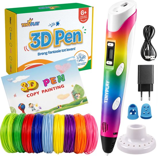 TinyPlay 3D pen starterspakket met 3D pen, 40 meter PLA filament, oplader, tekenboekje en standaard.