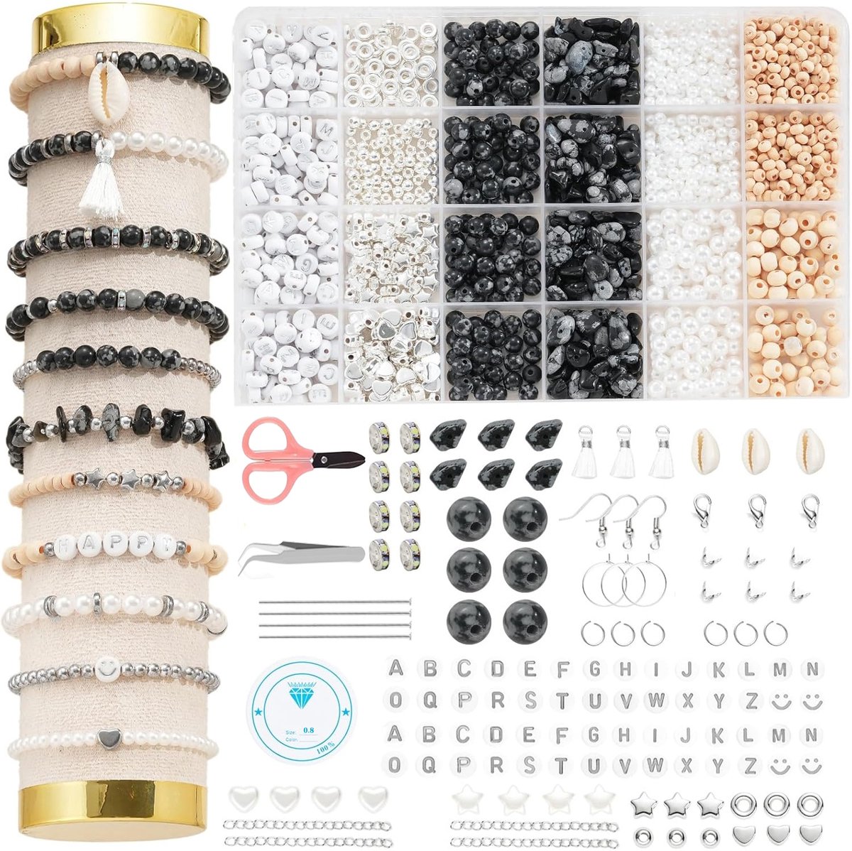 Meedeer Kralenset–Armbanden maken–Natuurstenen voor armbanden–Edelsteenkralen met gat–5-10 mm stenen kralen voor doe-het-zelf sieraden, oorbellen, knutselen（Zwart/Wit）
