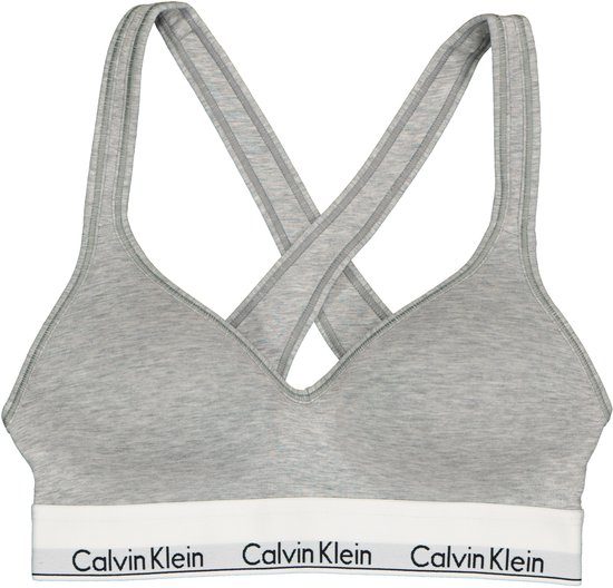 Grijze Calvin Klein bralette met gekruiste bandjes en witte band met logo.