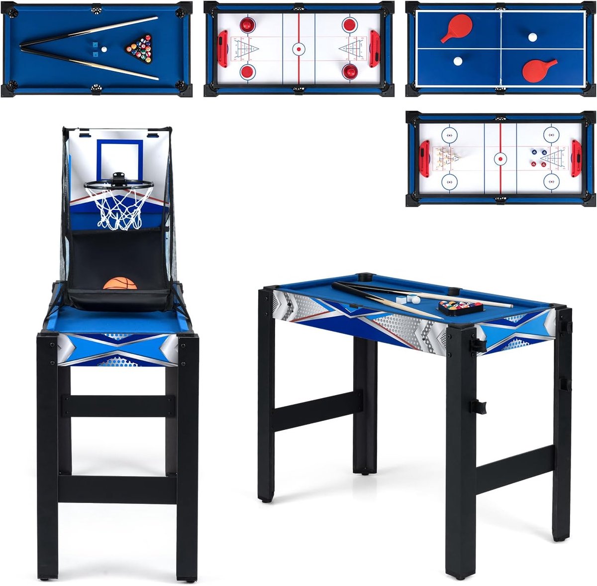 COSTWAY 6-in-1 multifunctionele speeltafel, tafelvoetbal met basketbal, biljart, tafeltennis, airhockey, shuffleboard en bowling, multifunctionele tafel met accessoires, tafelvoetbaltafel voor kinderen en volwassenen