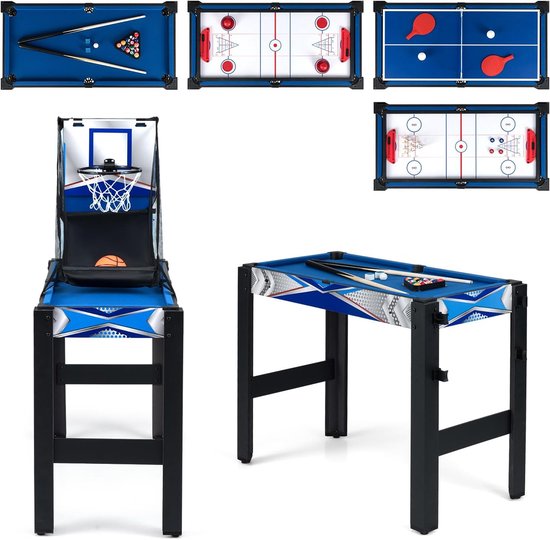 Collage van de multifunctionele speeltafel in verschillende configuraties: basketbal, biljart, airhockey en tafeltennis.