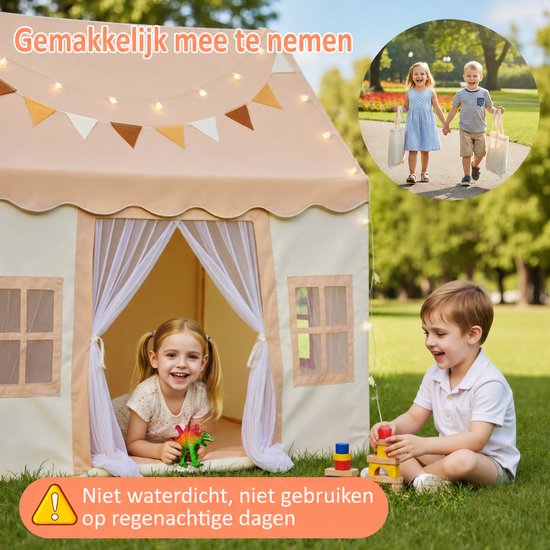 Lemonmax Kindertent speelhuisje - Prinsessentent met mat verlichting en muggennet - Voor kinderkamer binnen en buiten - 120x100x130 cm - Khaki — afbeelding 3