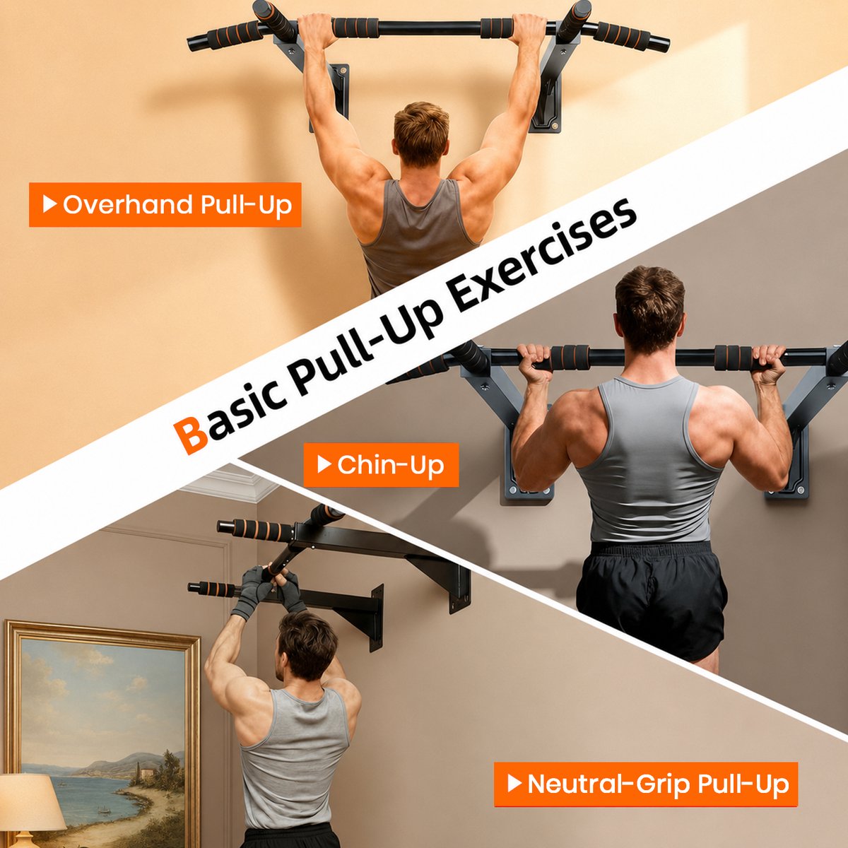 Pull Up Bar - Optrekstang 3-in-1 - Pull Up Station - Optrekstang Wandmontage - Dip Station - Dip Bars - Thuis Sporten - Thuis Fitness - Premium materialen - Extra stevige tot 250KG - Inclusief montage onderdelen - Home workout - Zwart/Oranje thumbnail 3
