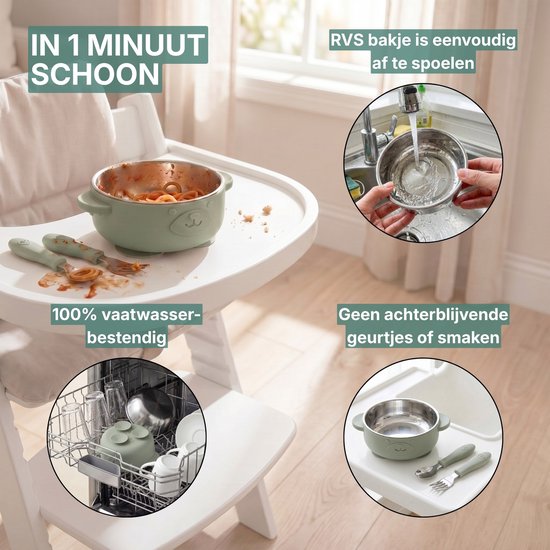 Broemba Kinderservies RVS - Baby Bord met Zuignap & 3 zuignap stickers - Kommetje met Baby Bestek - BPA-vrij Baby Servies met Lepel en Vork - Groen van Broemba — afbeelding 5