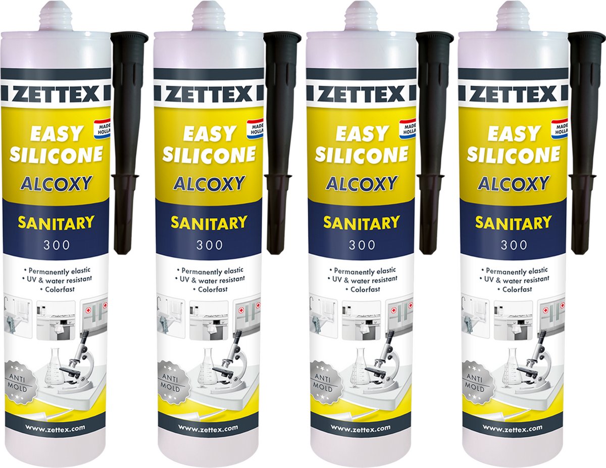 Zettex Easy Siliconenkit S - Sanitairkit voor Badkamer & Keuken - Schimmelbestendig & Elastisch - 310ml - Zwart - 4-PACK