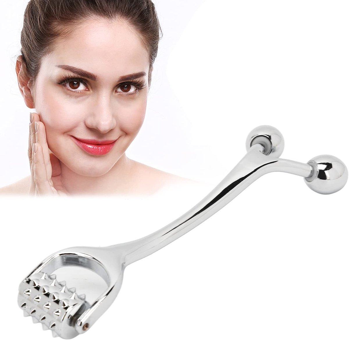 Dailygoods- Gezichtsmassagerol Dual Head - Geribbelde Roller - Acupunctuur Massager - Bevorderende Absorptie - Inclusief Opbergtas - Handleiding - Facial Roller