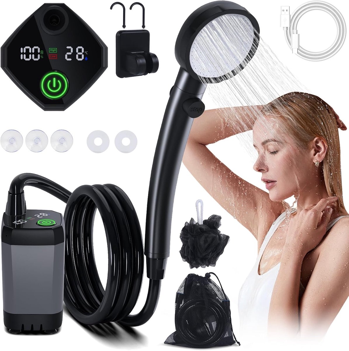 Draagbare Campingdouche - 6000 mAh Campingdouche Met Pomp En Temperatuurweergave - Campingdoucheset Voor Buiten Met Douchekop En 2m Slang Voor Tuin Autowassen Strand Reizen En Huisdieren