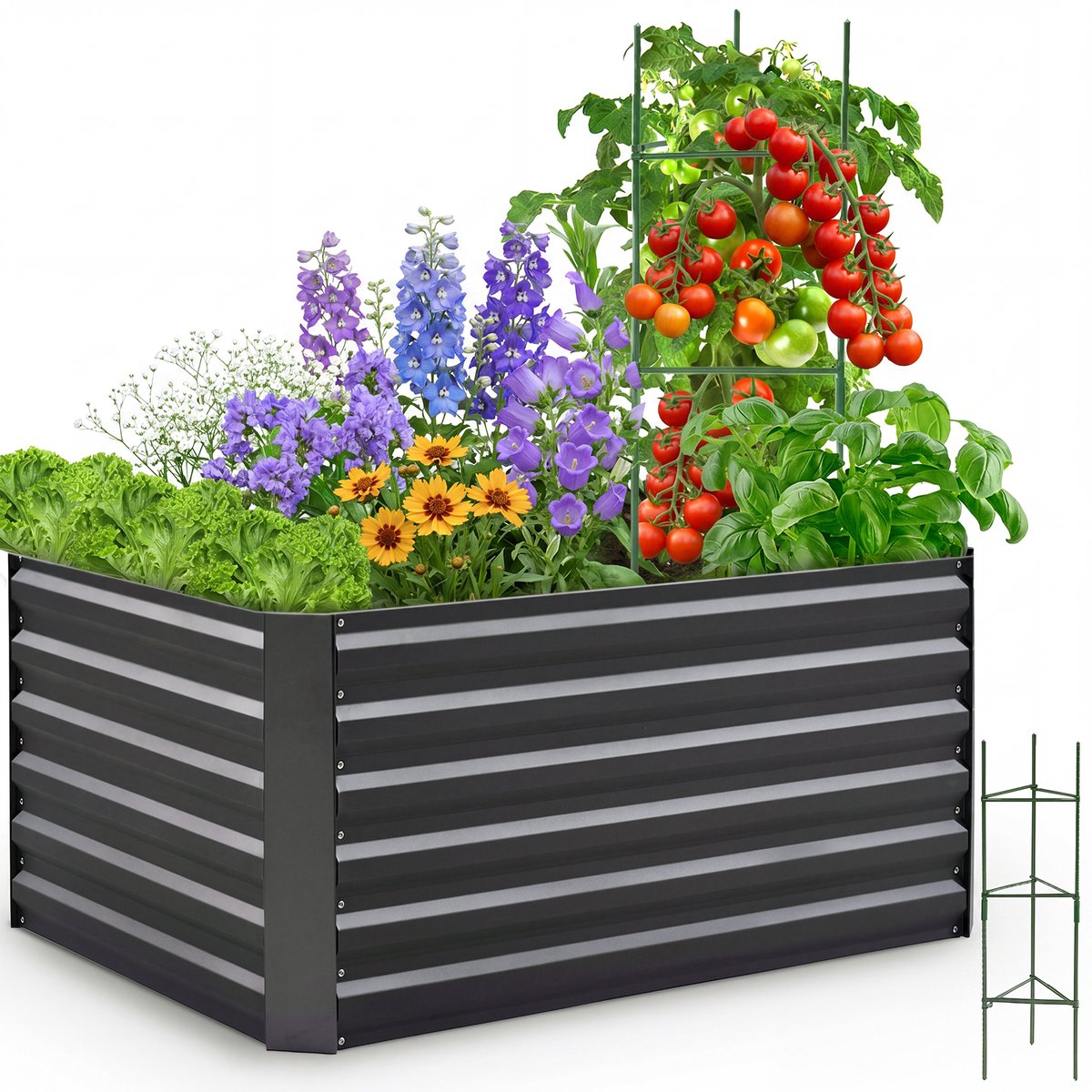 Quictent Verhoogde Kweekbak 120 x 90 x 62 cm – Metalen Moestuinbak van Verzinkt Staal met Tomatensteunen, Grijs