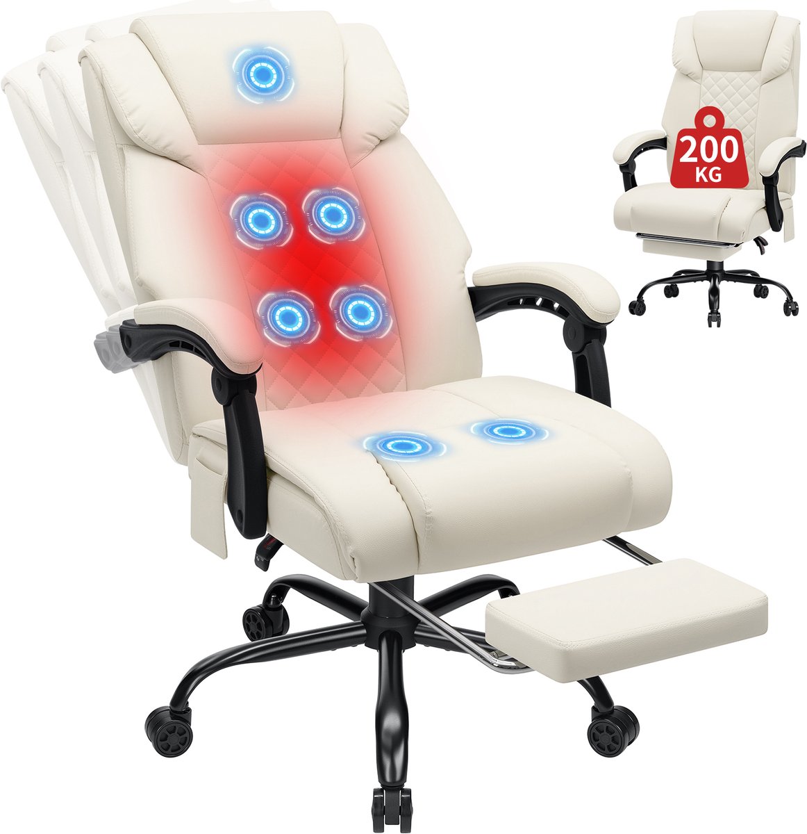 HOFFFREE Ergonomische Massage Bureaustoel – Kantoorstoel met Verwarming, 7 Massagepunten, Uitschuifbare Voetsteun, Verstelbare Rugleuning 90°–135° en Draagkracht tot 200 kg