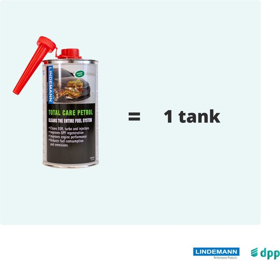 Een blik Lindemann Total Care Petrol 1000ml met rode schenktuit, gelijk aan 1 tank.
