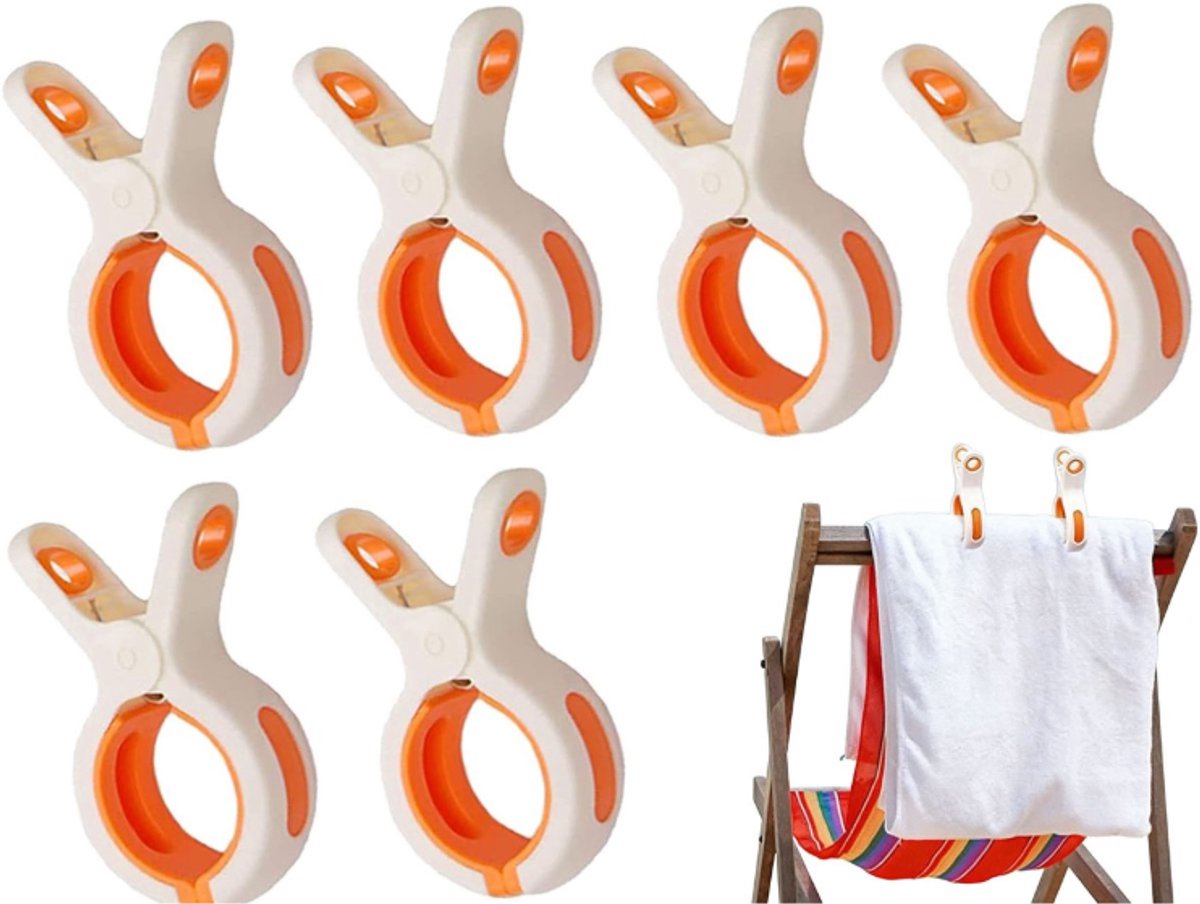 6 stuks - Grote Wasknijper - Quiltclips - Wasknijpers - Grote Knijpers - Handdoek Klemmen - Strandlakenclip voor strandstoel - Winddicht - Voor dagelijks wasgoed, strandhanddoek, badhanddoek, beddengoed en dikke kleding-Wit+Oranje