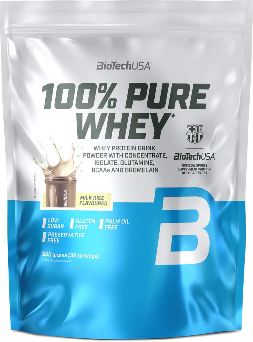 BioTechUSA 100% Pure Whey | Eiwitpoeder met BCAA en Glutamine | Glutenvrij, Palmolievrij | 21g Eiwit per portie, 900 g, Melk Rijst