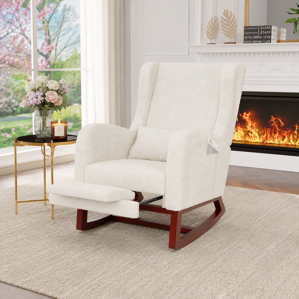 Schommelstoel met Voetensteun en Kussen – Relaxstoel met zijzakken - Voedingsstoel voor de babykamer – fauteuil voor de woonkamer - TV-stoe - loungestoel - Wit
