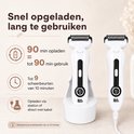 Twee witte ladyshaves. Eén staat op een oplader, de andere met kabel. LCD-displays tonen '90%'.