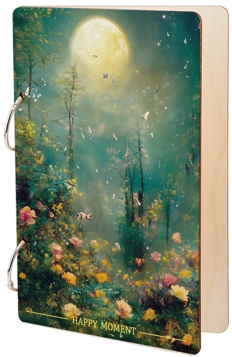 Dailygoods- Wenskaart Organizer Houten - Fotoalbum - Kaarthouder - Losbladig - 2 Ringen - 24x16 cm - Patroon Maanlicht Jungle